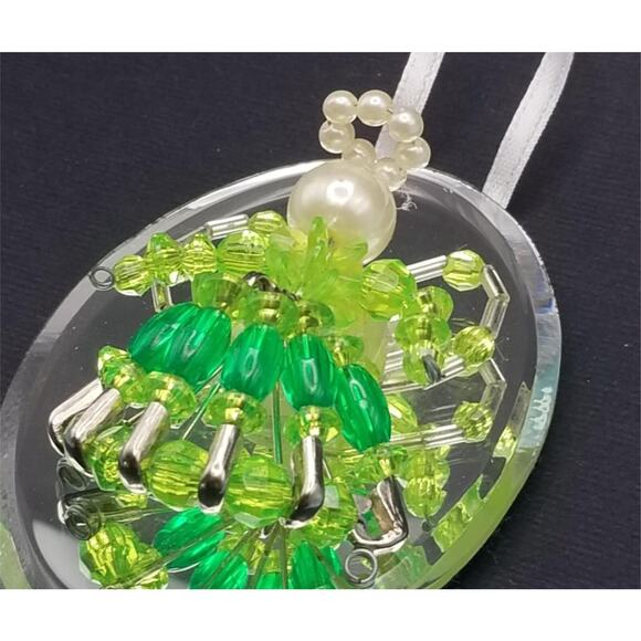 Vintage Beaded Green Angel Ornament Mirror 3" Pearl Handmade with Safety Pins - Picture 5 of 6